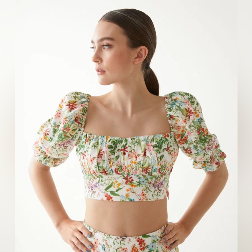 & OTHER STORIES Linen Puff Sleeve Floral Crop Top Size 6